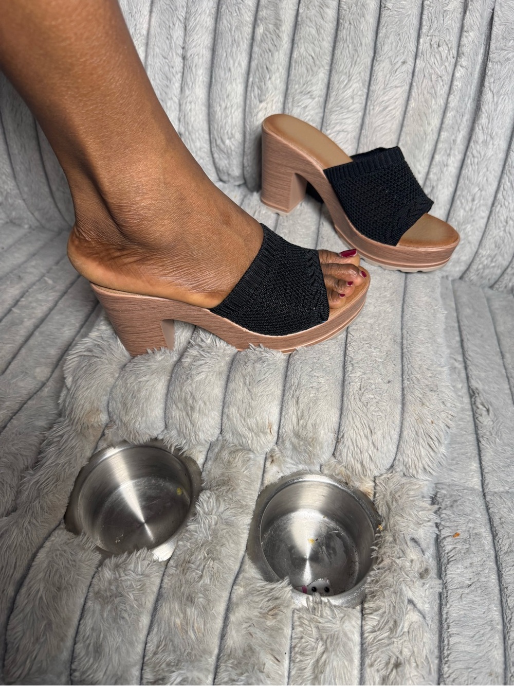 Women’s Black Knit Slide Clogs with Tan Platform